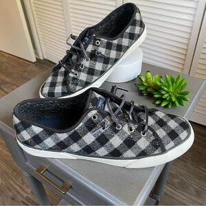 Sperry Topsider Buffalo Check Plaid Wool Faux Fur Sneakers Shoes Gray Black